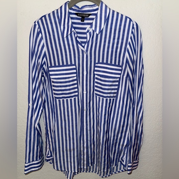 Express Tops - Express Button Up Shirt Blue and White Stripes Small